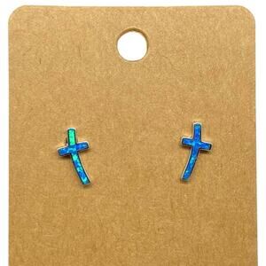 Blue Fire Opal Cross Earrings Solid 925 Sterling Silver Post Stud Pierced Gift